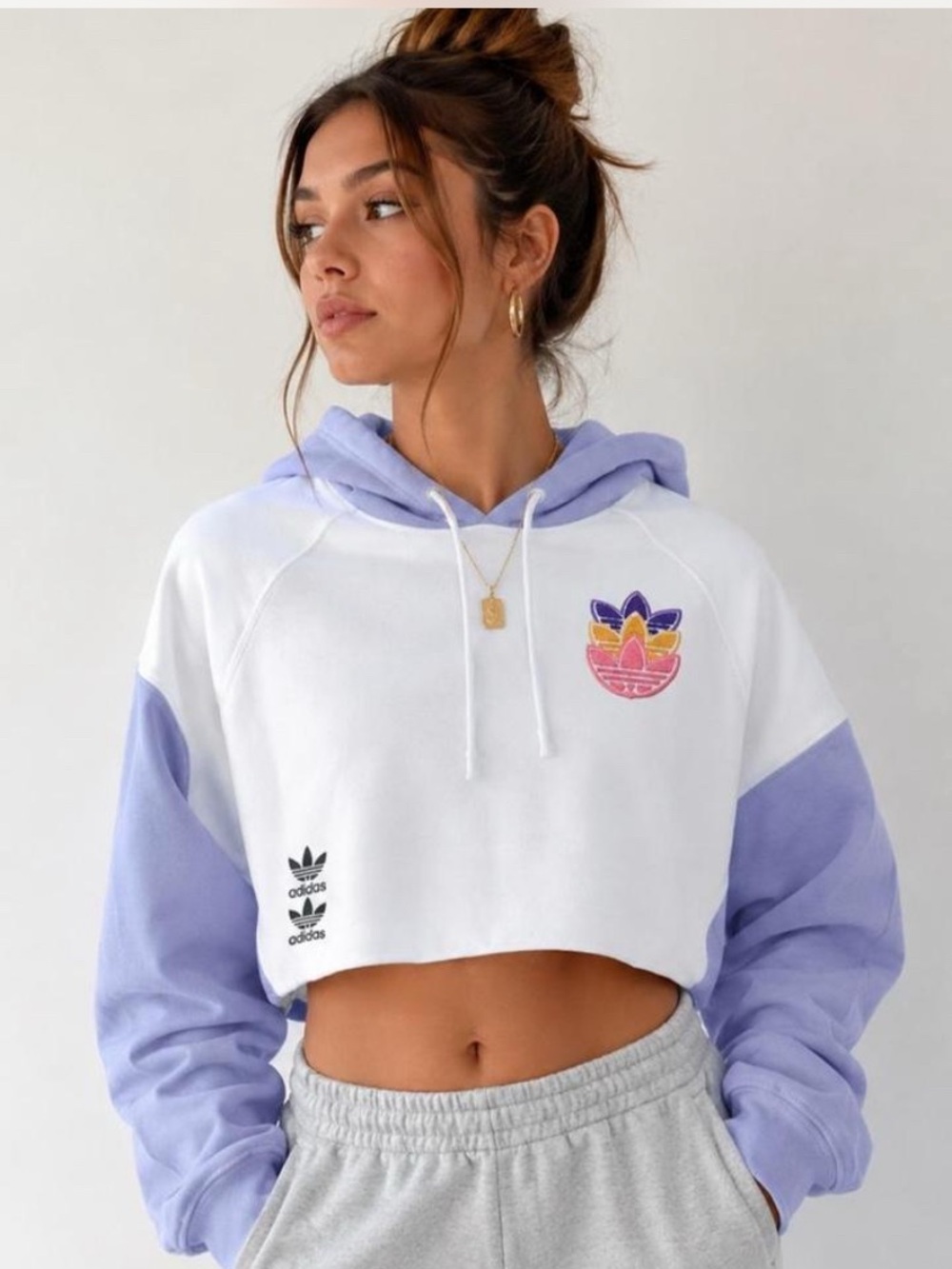 adidas White & Lavender Cropped Crewneck Hoodie size S